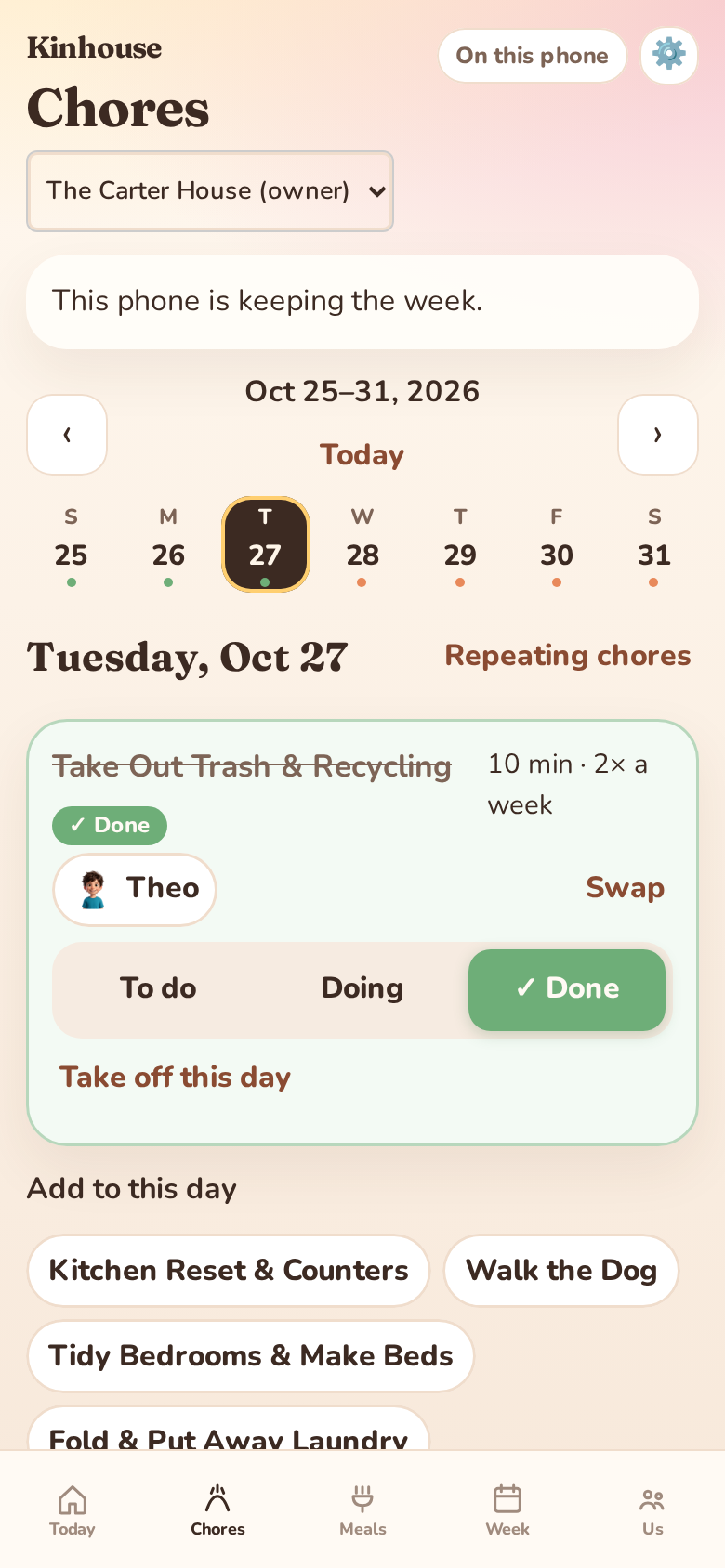 Kinhouse Chores screen showing fair rotation schedule, member streaks, and completion confetti