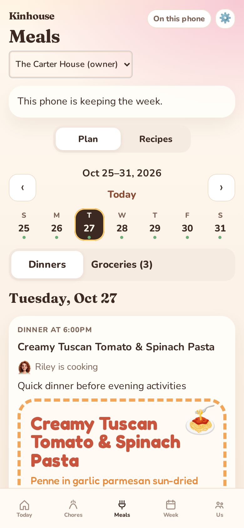 Kinhouse Meals screen showing weekly dinner plan, portion scaling, and shared household recipes
