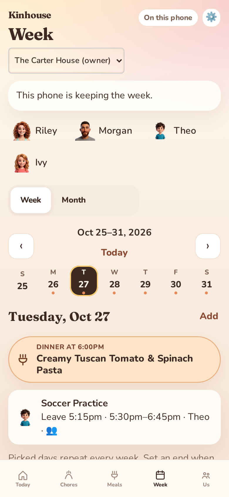 Kinhouse Week calendar screen showing family events alongside rotating shift-worker schedules